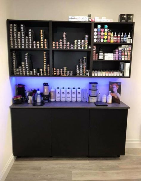 Diy color bar Salon In Small Space, Salon Backbar Organization, Hair Salon Furniture Ideas, Colorful Hair Salon Decor, Color Station Hair Salon, Upscale Hair Salon, Salon Color Room Ideas, At Home Hair Salon Ideas, Hair Salon Suite Ideas