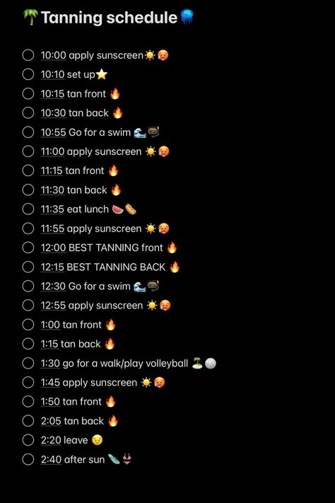 ☀️Tanning schedule 🐋 Tanning Time Schedule, Good Tanning Routine, Tan Schedule At Home, Tanning Tips In The Sun Schedule, Tanning Schedule For Beach, How To Tan Safely In The Sun, Tanning Schedule At Home, Tanning Routine Outdoor, Perfect Tanning Routine