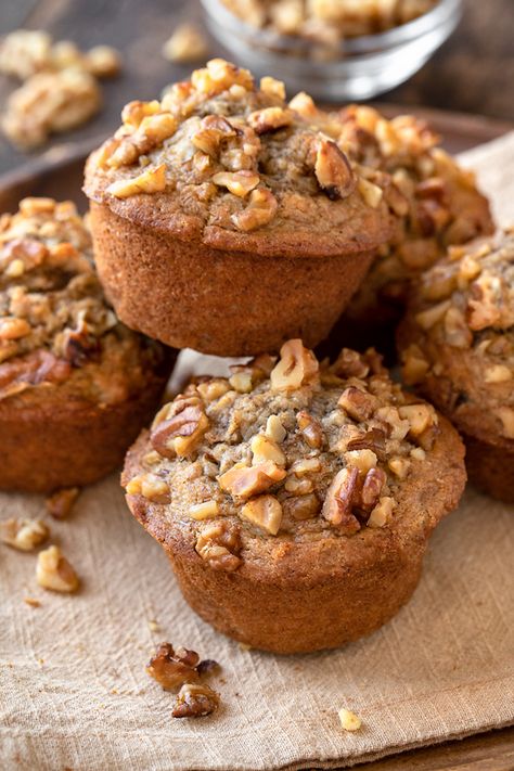 Banana Nut Muffins | The Cozy Apron Banana Nut Muffins Healthy, Banana Walnut Muffins, Walnut Muffins, Nut Muffins, Banana Muffin, Banana Nut Muffins, Banana Muffin Recipe, Lemon Poppyseed Muffins, Banana Walnut