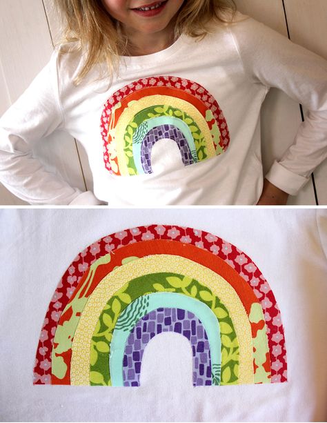 DIY applique rainbow shirt form aliceandlois.com Must so this for next year! Rainbow Applique, Distressed Tshirt Diy, Diy Applique, Diy Clothes Videos, Diy Rainbow, Sewing Bee, Rainbow Crafts, Applique Shirts, Sewing Appliques