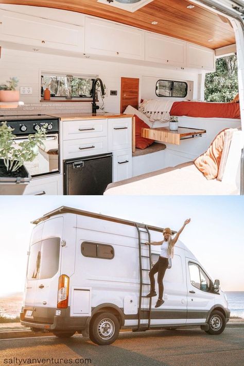 Interior photo of a campervan conversion showing the kitchen area and an exterior photo of a woman climbing the ladder on the side of a campervan with her arm extended in greeting. Van Conversion Layout, Ford Transit Campervan, Campervan Conversion, Van Build, Australian Outback, Luxurious Home, Campervan Conversions, Van Conversion, Ford Transit