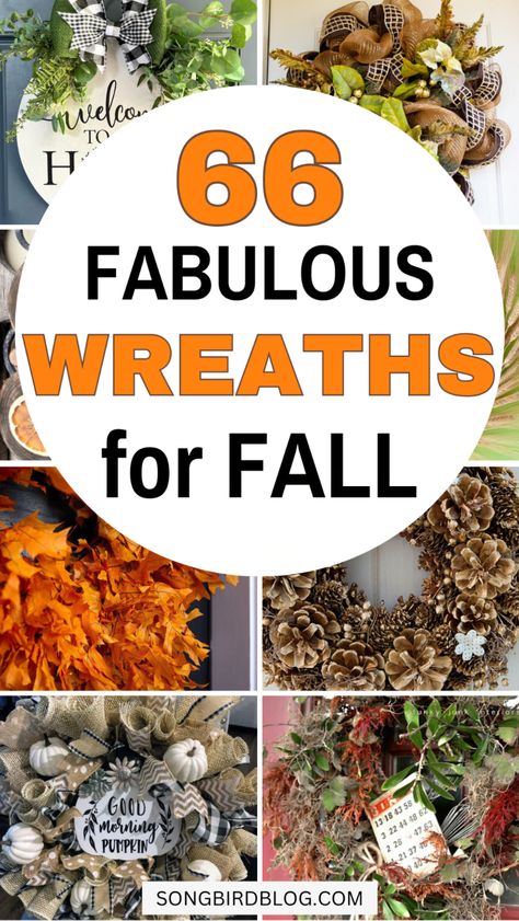 DIY fall wreaths for front door easy. So many great DIY fall wreaths in this post. From farmhouse fall wreaths to romantic flowers fall wreaths. Lots of fall wreath craft ideas in this collection. Upcycled fall wreaths and deco mesh fall wreaths are also in this post. Front Door Fall Wreaths Diy, Diy Fall Wreath Tutorial, Fall Wreaths With Leaves, Mesh Fall Wreaths For Front Door, Easy Diy Fall Wreath Dollar Stores, Easy Fall Wreaths To Make, Autumnal Wreath Diy, Fall Pine Cone Wreath, Making A Fall Wreath Diy