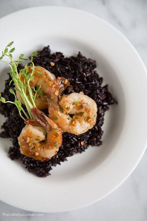 Soy Ginger Shrimp with Forbidden Rice - The Little Epicurean Black Rice Recipe, Ginger Shrimp, Ways To Cook Shrimp, Forbidden Rice, Rice Desserts, Black Food, Shrimp Dishes, Black Rice, Food Shows