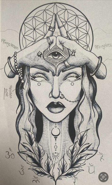 Goddess Sketch Pencil, Magic Hands Tattoo Design, Fortune Teller Tattoo Design, Leg Sleeve Filler Tattoos, Empowered Women Tattoos, Goddess Of Chaos Tattoo, Artsy Tattoos Small Creative, Realistic Tattoos For Women, Medicine Woman Tattoo