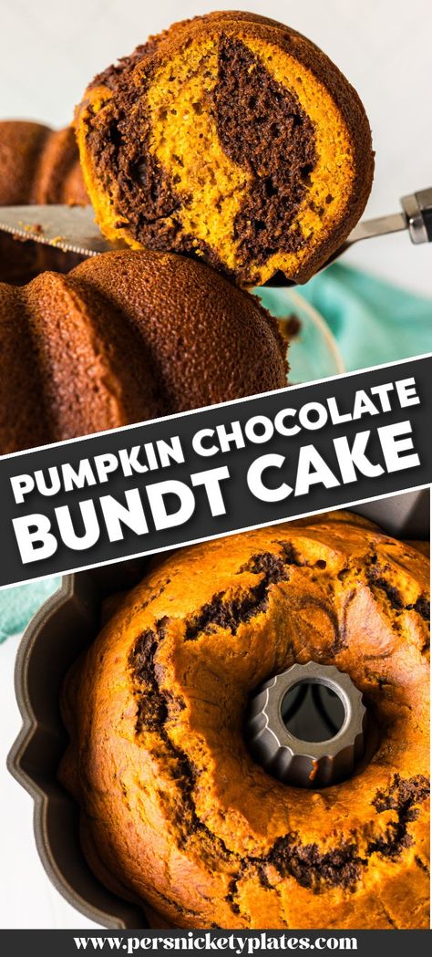 Pumpkin Chocolate Bundt Cake is the perfect blend of pumpkin and chocolate swirled into a bundt cake. Perfect for fall, Halloween, or to celebrate a half birthday! Pumpkin Chocolate Chip Bundt Cake, Pumpkin Chocolate Chip Bundt, Chocolate Chip Bundt Cake Recipe, Chocolate Chip Bundt, Pumpkin Cakes, Chocolate Chip Bundt Cake, Chocolate Pumpkin Cake, Pumpkin Bundt, Pumpkin Bundt Cake