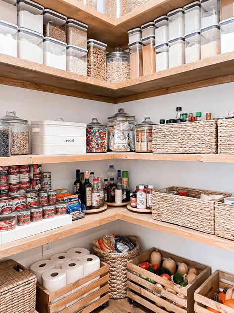 Open Shelving Walk In Pantry, Open Face Pantry, Walk In Corner Pantry Ideas Layout, L Shape Pantry Organization, Pantry L Shaped Shelves, Pantry Shelving Dimensions, Corner Pantry Organization Ideas Walk In, Appliance Shelf In Pantry, Corner Pantry Makeover Diy