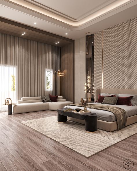 Luxury Bedroom Master Pop Ceiling Design, Modern Luxury Ceiling Design, Long Bedroom Ceiling Design, Bedroom Back Design, Grand Master Bedrooms Decor, Couch Design For Bedroom, Luxury Bedroom Master Pop Design, Behance Bedroom, Bedroom Wooden Ceiling