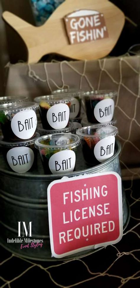 The Bait Shop | CatchMyParty.com Fishing Birthday Party Ideas, Gone Fishing Birthday Party, Fishing Birthday Party Boys, Fishing Theme Party, Fishing Themed Birthday Party, Baby Shower Fishing, Birthday Party Idea, Fishing Birthday Party, Fishing Party