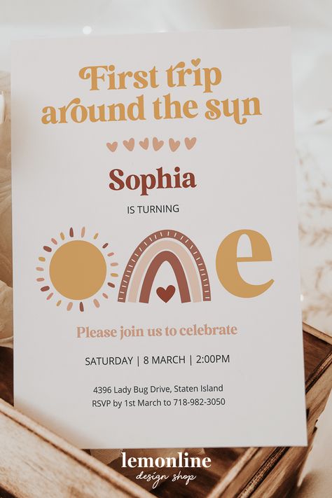 This editable invitation is perfect for celebrating a little one's first trip around the sun! Share the joy and excitement of their first birthday with your loved ones. #suninvitation #ourlittlesunshine #1stbirthdayinvite #bohosuninvitation #firsttriparoundthesun One Under The Sun Birthday, First Trip Around The Sun, First Trip Around The Sun Invitation, Sun Theme Invitation, 1st Trip Around The Sun Birthday Party Invite, You Are My Sunshine Birthday Party Invitation, Sun Birthday Invitation, Presentation Ideas For School, Sunshine First Birthday