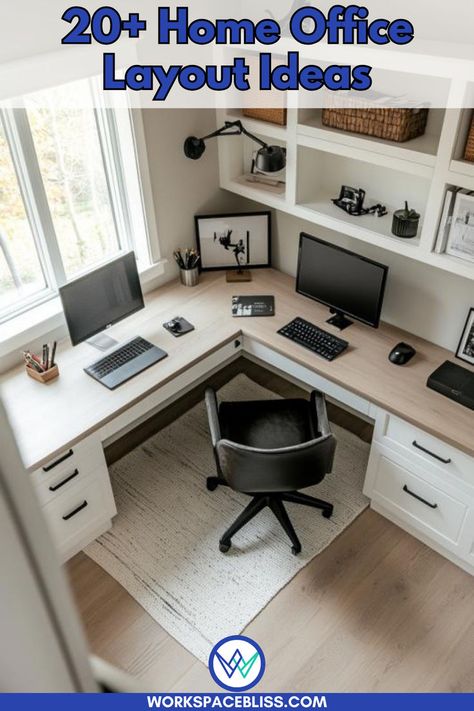 L-Shaped Desk Layout in a work from home office as a home office layout idea Home Office Ideas With L Shaped Desk, Office With L Shaped Desk Layout, L Desk Office Layout, L Shape Desk Setup, L Shape Desk Office Layout Small Spaces, L Shaped Office Desk Ideas Layout, Home Office L Shaped Desk Layout, L Shaped Desk Office Layout, L Shaped Desk Setup