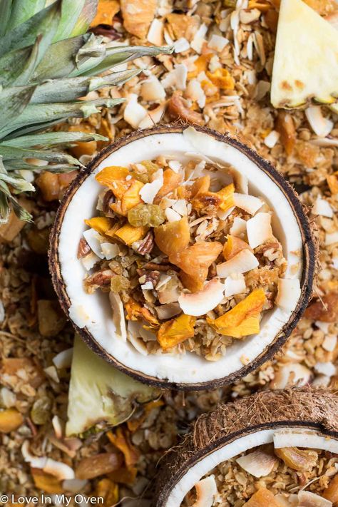 This tropical granola is perfect stirred into yogurt, or eaten on its own as a tasty snack! Filled with all of your favorite tropical fruits, […] The post Tropical Granola appeared first on Love In My Oven. Nut Free Granola Bars, Tropical Breakfast, Dried Banana Chips, Dried Pineapple, Almond Granola, Dry Coconut, Healthy Snack Options, Dried Mangoes, Banana Chips