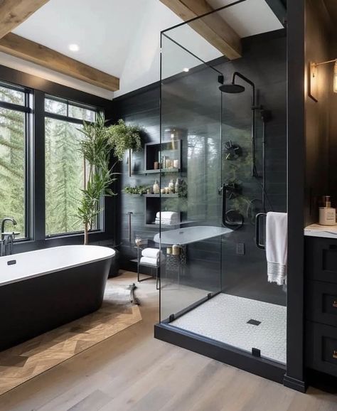 Bathroom With Black Bathtub, Dark Bathroom Interior Design, Cozy Dark Bathroom, Big Bathroom Ideas Master Suite, Master Bathrooms With Walk In Showers, Modern House Bathroom, Modern Cabin Bathroom, Dark Modern Bathroom, Bathroom Closet Remodel