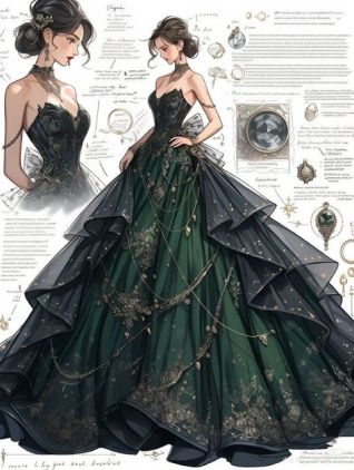 A dark green ballgown that I wanna use. Dreamy Gowns, Dress Design Drawing, Old Fashion Dresses, Fashion Drawing Dresses, Dress Design Sketches, Fashion Illustration Dresses, Prom Dress Inspiration, Dress Sketches, Fantasy Gowns