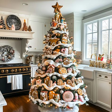 A gingerbread-themed Christmas tree with candy cane accents brings warmth to your holiday decor. Additional details like sugar cookies, cinnamon sticks, and lights complete the festive charm in any cozy kitchen space. Ginger Bread Christmas Tree Decor, Christmas Tree Themes Gingerbread, Gingerbread Men Christmas Tree, Christmas Tree Ideas Gingerbread, Kitchen Themed Christmas Tree, Gingerbread Tree Ideas, Christmas Tree Gingerbread Theme, Gingerbread Christmas Theme, Gingerbread Christmas Decorations Tree