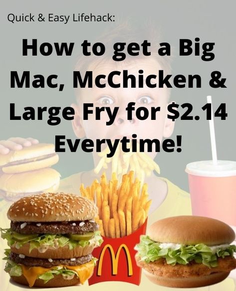 So I discovered how to eat quite a bit of food at McDonald's for only $2.14. How to get a Big Mac, McChicken & Large Fry for $2.14 Everytime! For you to Mcdonald’s Hacks, Muffin Sandwich, Mcdonald's App, Free Mcdonalds, Mcdonalds Gift Card, Large Fries, Secret Menu Items, Secret Menu, Big Mac