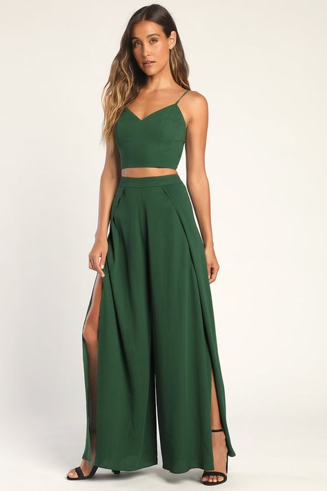 Two Piece Jumpsuit Formal, Dark Green Dress Formal, Green Jumpsuit Outfit, Jumpsuit Outfit Wedding, Emerald Green Jumpsuit, Jumpsuit Lulus, Two Piece Outfits Pants, Jumpsuit Lace, Wedding Outfits For Women