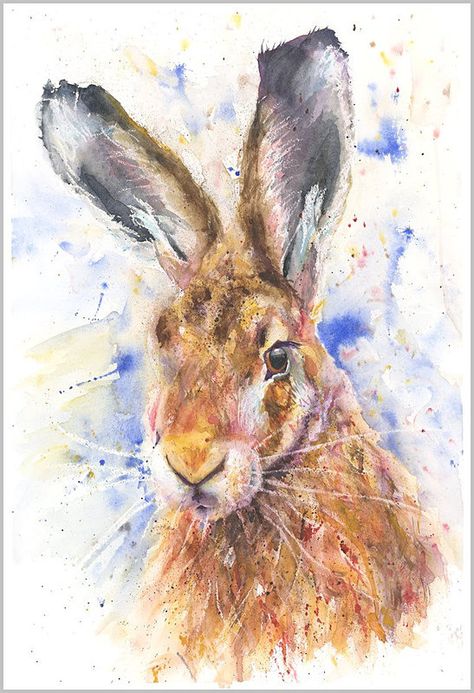 Gorgeous contemporary wildlife fine art prints and original watercolour paintings by artist Helen April Rose Watercolour Rabbits, Urban Illustration, Hare Watercolour, Hare Illustration, Hare Painting, Hare Print, Bunny Watercolor, Contemporary Watercolor, Watercolor Sunset