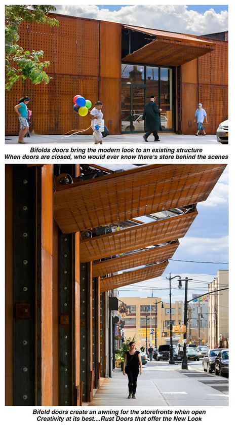 perforated metal rusted metal storefront... hydraulic bi-folding doors open to create awning Storefront Doors, Overhead Door, Perforated Metal, Rusted Metal, Folding Doors, Photo Of The Day, Facade Architecture, Metal Door, Facade Design