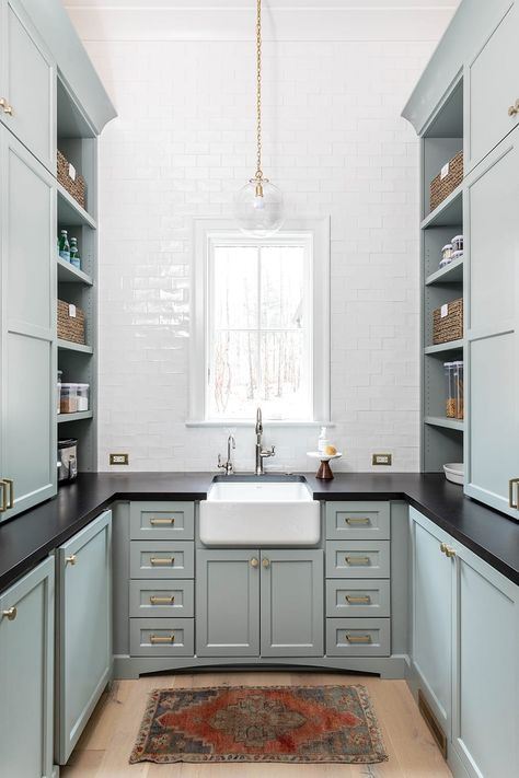 All white everything | Benjamin Moore Greyhound, Silver Strand Paint, Sherwin Williams Silver Strand, Herringbone Brick Floor, Bistro Shelving, Modern Southern Home, Herringbone Tile Floors, House Pantry, White Farmhouse Sink