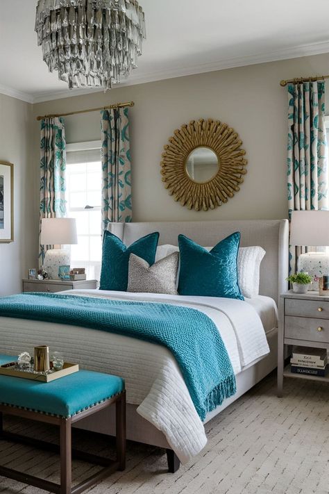 15 Must-Try Blue Bedroom Ideas For Instant Home Refresh Grey And Turquoise Bedroom, Gray And Turquoise Bedroom, Neutral Bedrooms With Pop Of Color, Turquoise Accent Walls, Teal Nightstands, Gray Bedroom Ideas, Turquoise Bedroom, Teal Bedroom Ideas, Blue Geometric Wallpaper