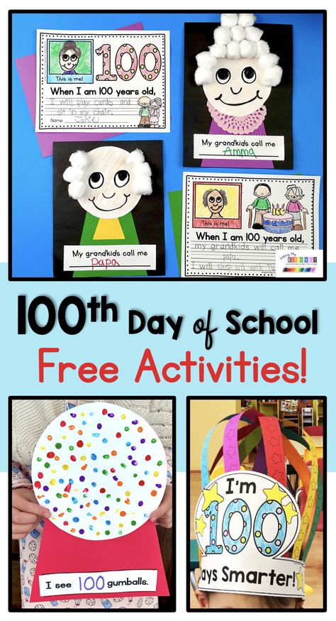 100 Days of School Activities - counting to 100 - math activities - math printables - crafts - 100 items - 100 snacks - writing - games - 100 day smarter - worksheets - certificates - kindergarten - first grade - preschool - freebies - if I were 100 years old - dress up - 100th day of school - 100 days in school #100thdayofschool #kindergarten Kindergarten 100th Day Of School, 100 Days Of School Activities, Preschool Freebies, 100th Day Of School Activities, Deanna Jump, 100 Days Smarter, Counting To 100, Writing Games, Math Printables