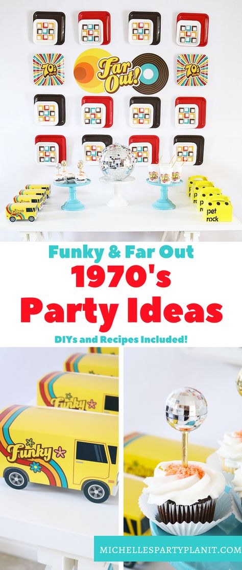 Easy and fun 1970s party ideas complete with Pet Rock Party Favor Boxes, Disco Balls, lava lamps, Tang Milkshakes and a retro backdrop! By Michelle's Party Plan-It. 70 Decorations Party, 1970 Party Ideas, 70s Theme Party For Men, 70s 50th Birthday Party Ideas, 1970s Birthday Party Ideas, 70s Rock Party, 70s Party Favors For Adults, 1974 Themed Party, 1970s Party Theme Decorations