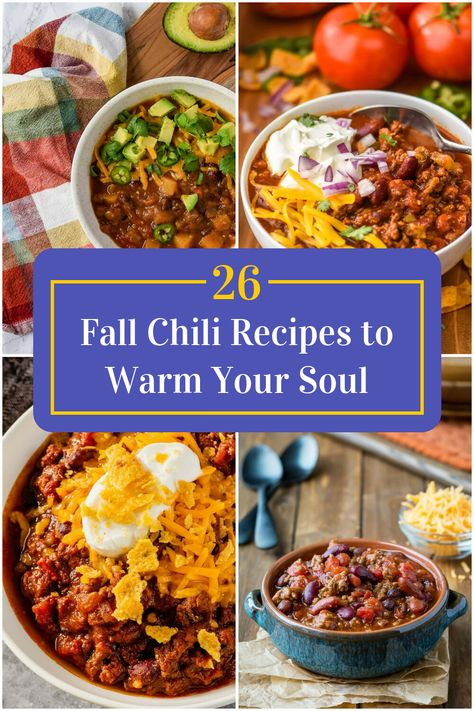 Collage of 4 fall chili recipes. Pumpkin Spice Chili Recipe, Fall Chilli Recipes, Thanksgiving Chili, Fall Chilli, Autumn Chili, Fall Chili Recipes, Unique Chili Recipe, Unique Chili Recipes, Fall Chili