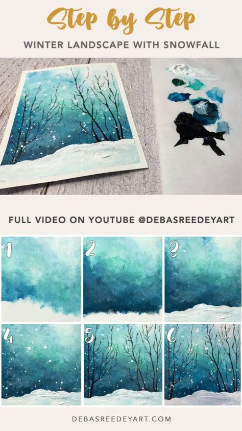 Paint an easy winter painting with snowfall - Debasree Dey Art Snowy House Drawing, Winter Paint Night Ideas Easy, Snow Painting Easy, Winter Forest Painting Easy, Xmas Acrylic Paintings, Christmas Art Tutorials, How To Paint A Winter Scene, Winter Landscape Acrylic Painting, Easy Acrylic Winter Paintings