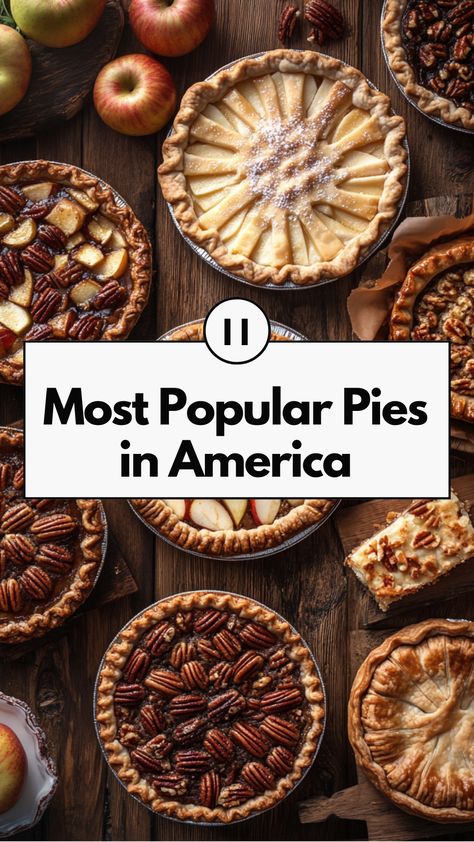 A variety of the most popular pies in America, featuring apple, pecan, and other classic flavors arranged on a rustic table. Winter Pies, Types Of Pies, Christmas Pies, Popular Pies, Best Pies, Yummy Pie Recipes, Types Of Pie, Favorite Pie Recipes, Fall Pies