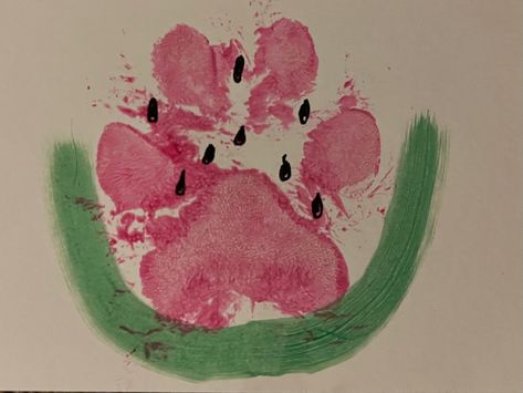 August dog paw print postcard. Made this watermelon with pink and green crayola finger paint Paintings To Do With Your Dog, Painting With Dog Paws, Dog Paw Painting, Dog Paw Painting Ideas, Paw Print Painting, Paw Print Art Diy, Dog Paw Print Craft, Dog Paw Art, Dog Mints