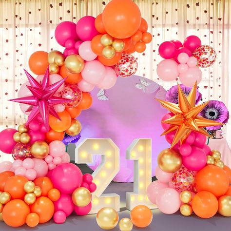 Amazon.com: Pink Orange Balloon Garland Arch Kit, 146pcs Hot Pink Orange Metallic Gold Latex Balloons with Hot Pink and Orange Exploding Star Foil Balloons for Birthday Summer Tropical Wedding Party Decorations : Toys & Games Tropical Wedding Party, Orange Balloon Garland, Exploding Star, Pink Birthday Decorations, Birthday 21, Iridescent Party, Pink Party Theme, Balloons For Birthday, Orange Balloons