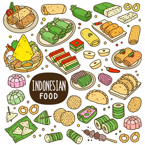 Snack Cartoon, Food Doodles, Food Cartoon, Food Illustration Art, Color Illustration, Food Backgrounds, Indonesian Food, Food Drawing, Food Poster