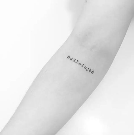 hallelujah tattoo on arm Hallelujah Tattoo, Worship Tattoo, Christian Tattoos For Men, Typewriter Tattoo, Tattoos For Men And Women, Tattoo On Arm, Christian Tattoo, Elbow Tattoos, Religious Tattoos