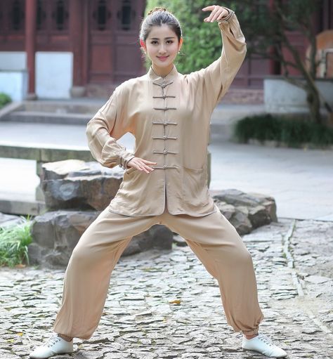 Women's Beige 100% Cotton Chinese Tai Chi Suit - iDreamMart.com Chinese Suit, Tai Chi Clothing, Chinese Lady, Kung Fu Martial Arts, Tai Chi Chuan, Martial Arts Women, Chinese Clothing, Tai Chi, Traditional Chinese