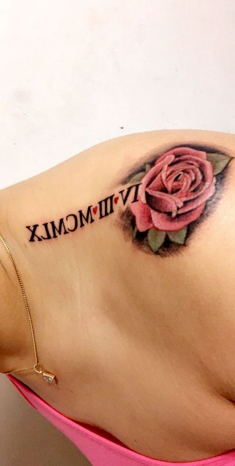 Roman numerals Rose Tattoo With Roman Numerals Stem, Rose With Roman Numerals Tattoo, Rose Tattoo Roman Numerals, Roman Numeral Tattoo Childs Birthday, 2000 In Roman Numerals Tattoo Ideas, Rose With Roman Numerals, Roman Numeral Tattoo With Flowers, 224 Tattoo, Faith Tattoo On Wrist