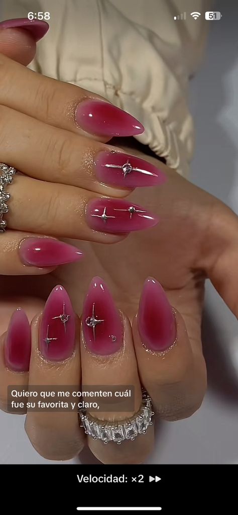 Pink And Magenta Nails, Red Purple Ombre Nails, Almond Nails Magenta, Magenta Nails French Tips, Purple Magenta Nails, Magenta Almond Nails, Light And Dark Pink Nails, Dark Magenta Nails, Pink Birthday Nails Almond