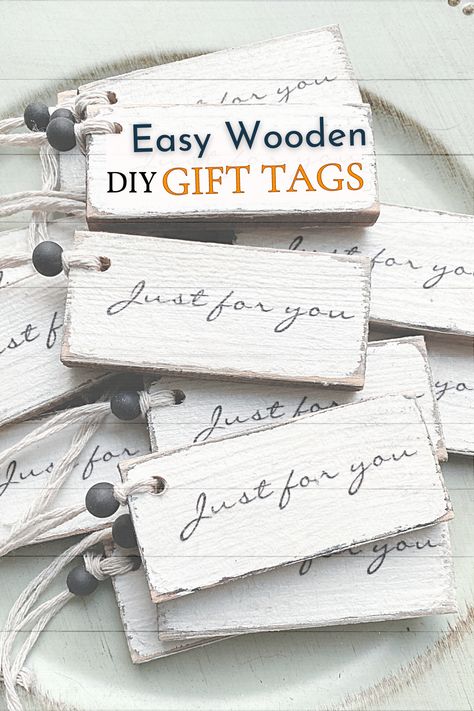 Rustic wooden gift tags that say Just for you with a white string and black bead Basket Tags Diy, Diy Christmas Gift Tags Wood, Wood Gift Tag Ideas, Cardboard Tags Ideas, Diy Wooden Gift Tags, Wood Christmas Tags Diy Ornaments, Wooden Tag Ornaments Diy, Diy Wooden Tags, Christmas Wood Tags Diy