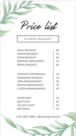 White Green Leaf Watercolor Florist Price List Canva Template