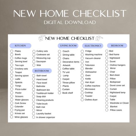 "A List Of Items To Be Purchased For The New Home, First Home Essentials Shopping, Moving Checklist, Furniture List For New Home ◾️ Welcome to IgzDigitalMarket shop 😊🌸 🔑 Are you moving to a new home, or are you newlywed and setting up your first household? No need to stress about anything being overlooked. We've created a comprehensive list of all the essential items needed for a new home just for you. Every necessary item for each section of your house is included in the list. Download it now and as you complete your shopping, check them off one by one. It's that easy! 📦 ◾️Handmade item 💌 SIZE: A4  📩Please message if you need any help.📩 ⭐️Digital files only. No physcal product will be shipped.  ❓HOW CAN I DOWNLOAD THE DIGITAL PRODUCT AFTER PURCHASING? Hello dear customers, Thank yo First Home Essentials, Furniture List, Airbnb Checklist, Room List, Apartment Shopping, House Checklist, New Home Essentials, New Home Checklist, First Apartment Checklist