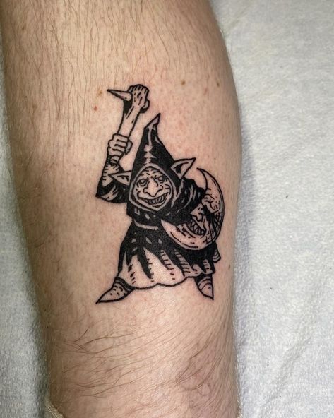 Ogre Tattoo, Medieval Aesthetic Tattoo, Traditional Medieval Tattoo, Mid Evil Tattoos, Cyclops Tattoo, Small Medieval Tattoo, Dungeons And Dragons Tattoos, Warhammer Tattoo Ideas, Small Woodcut Tattoo