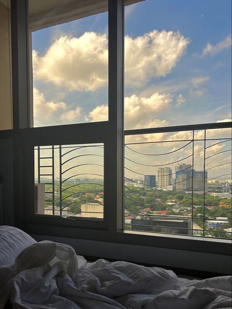 beautiful view, hotel view, studio ghibili, patio, window room, window bedroom, condo, manila, city view, studio ghibili aesthetic, warm tones, anime aesthetic, inspiration Condominium Aesthetic, Window Bedroom Aesthetic, Aesthetic Condo, Hotel Window View, Home Balcony Design, Window View City, Window View Aesthetic, Cement Home Decor, Diy Balcony Ideas