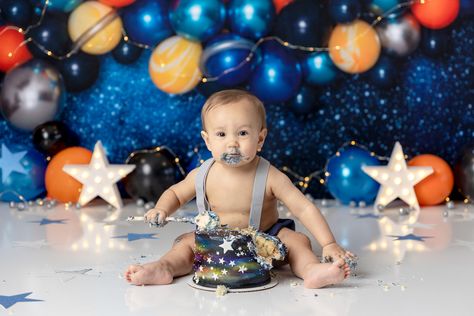 Ariv's Space Themed Cake Smash & Splash Session Space First Birthday Cake Smash, 1st Birthday Space Theme Smash Cake, Smash Cake Space Theme, Space Smash Cake 1st Birthdays, Space Cake Smash Session, Space Themed Cake, Themed Cake Smash, Newborn Baby Portraits, Cake Portions