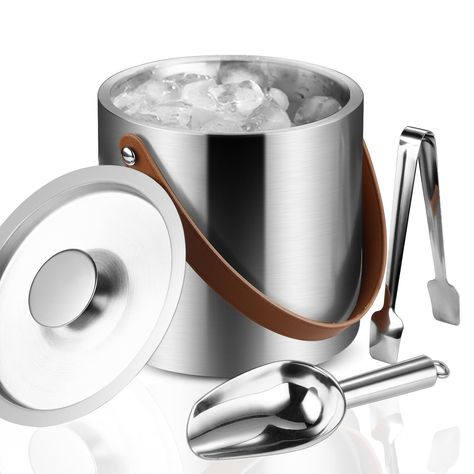 PRICES MAY VARY. WELL MADE DOUBLE-WALL VACUUM INSULATED ICE BUCKET - Bakpoco silver ice bucket is a food-grade stainless steel ice bucket, with a mirror-like finish, looking sturdy, sleek and classy. The double-wall insulated tech design keeps ice solid for hours, avoid sweating outside the wall. BUY WITH CONFIDENCE - Our ice buckets ice containers come with every accessory needed: lid, scoop, tong and strainer. First, the airtight lid with silicone-ring making tight fit to insulate warm air and