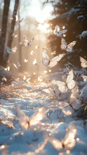 ↑↑↑ Larger size on website 🔸 The image shows a magical winter scene with a flurry of white butterflies dancing in a sun-drenched Silver Butterflies, White Butterflies, Butterfly Mobile, Widget Design, Magical Winter, Snowy Forest, Butterfly Party, Paradise On Earth, Winter Forest