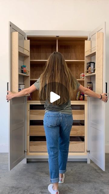 Woodshop Diaries | Shara on Instagram: "Extra storage in the kitchen is always a great idea. I’m excited to be sharing new plans and full build video for this large pantry cabinet that can be used as a stand alone or as part of a built in 🙌 
This has been on my to build list for years and I’m so glad it finally came to life. Comment PLANS for a link to the build plans! #kitchenstorage #kitchenpantry #pantrydesign #diywoodworking #diyfurniture" Kitchen Pantry Cabinets Built Ins, Large Pantry Cabinet, Stand Alone Kitchen Pantry, Diy Pantry Cabinet, Freestanding Kitchen Storage, Woodshop Diaries, Tall Kitchen Cabinets, Built In Pantry, Build Plans