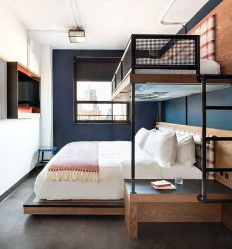 Luxury Hotels with Bunk Beds Are Seriously Trending, Here’s Why | What do trips to grandma’s house, summer camp, hostels, and your shared childhood bedroom have in common? Bunk beds. While thinking of family trips or your shared bedroom may be somewhat triggering, thoughts of your study abroad program (and the hostels that came with it) and summer sleepaway camp take you right down memory lane. | Photo: Provenance Hotels Sofabed Sectional, Futon Furniture, Apartemen Studio, Bunk Bed Rooms, Bunk Beds Built In, Bunk Rooms, Bunk Bed Designs, Shared Bedroom, Bunk Room