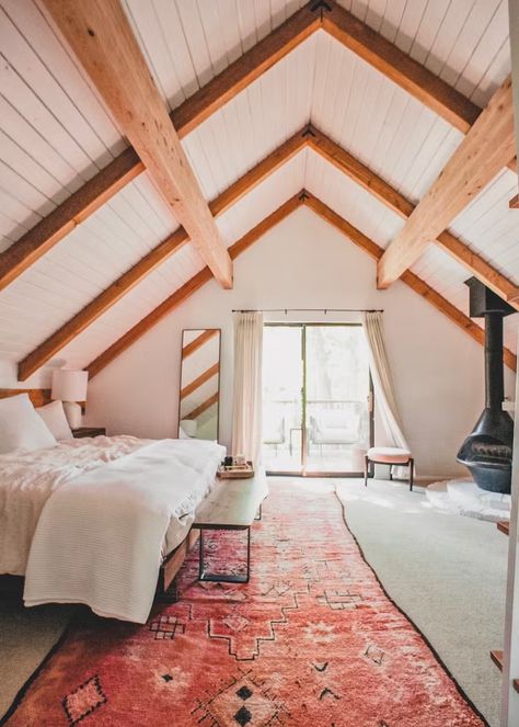 Photo 2 of 15 in Kitchy Kitchen Founder Claire Thomas Takes Us Inside Her Retro Mountain Getaway - Dwell Mid Century Cabin, Attic Room Ideas, Claire Thomas, Big Bear California, Parachute Home, Vintage Fireplace, Attic Room, Loft Bedroom, Bedroom Fireplace