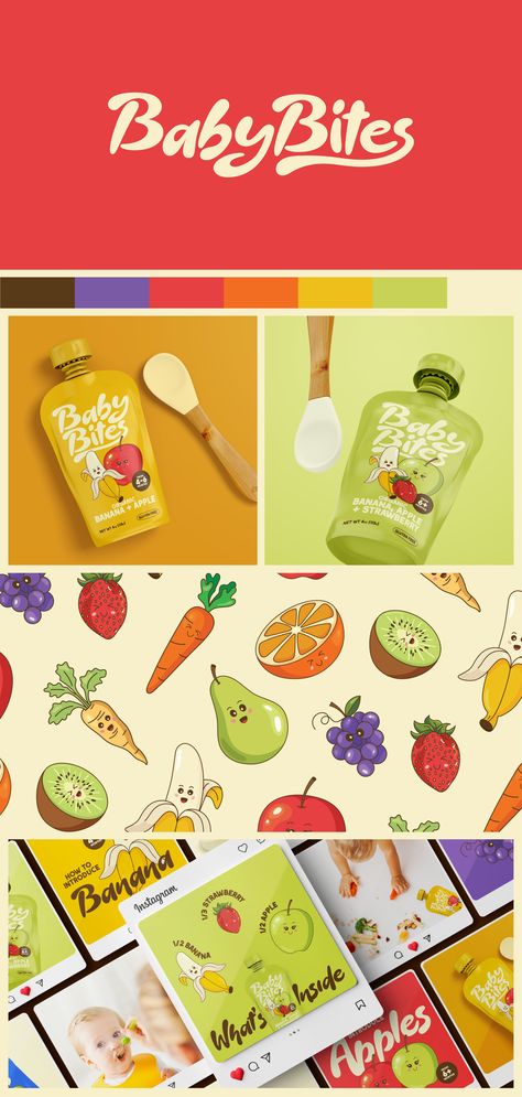 Baby Bites is a passion project that I have worked on to create a fun and playful brand identity for a baby food business. We have created a brand that focuses on the organic ingredients with fun characters to show off the playful side. These designs create impact and will definitely stand out on the supermarket shelves. #babyfood #logodesign #babyfoodbranding #creativedesigner #typography Bites Logo Design, Baby Brand Identity, Pancake Logo, Bites Logo, Foodies Logo, Healthy Food Branding, Food Brand Logos, Healthy Food Logo, Baby Apple