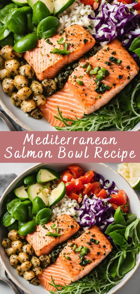 Mederteranian Bowls, Mediterranean Salmon Bowl, Mediterranean Diet Salmon, Salmon Bowl Recipe, Mediterranean Bowl, Mediterranean Salmon, Mediterranean Bowls, Mediterranean Flavors, Marinated Salmon