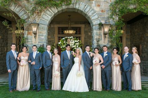 Bridesmaids in Gold Dresses and Groomsmen in Navy Suits Champagne Bridesmaid Dresses Navy Suits, Groomsmen Attire Navy Blue, Moonlit Wedding, Bridesmaid Dresses Navy, Nude Bridesmaid Dresses, Blue Groomsmen, Navy Suit Wedding, Navy Suits, Gold Dresses